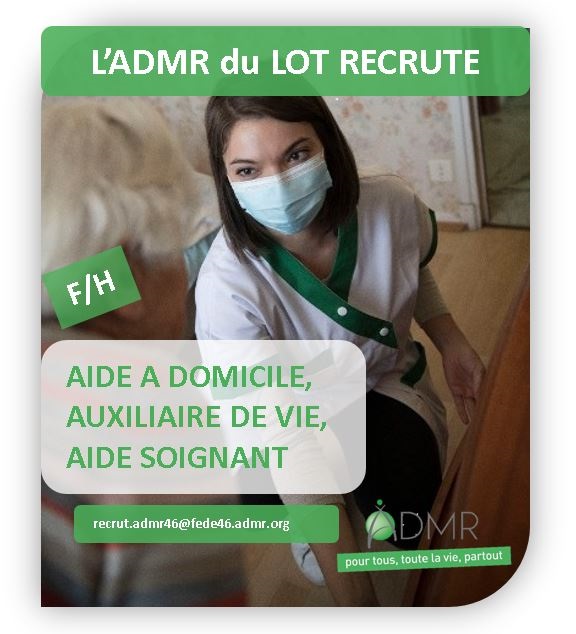 Les Associations #ADMR du département du #Lot recherchent pour leurs bénéficiaires des #aides à domicile, #auxiliaires de vie et #aides-soignants
#vaccination anti Covid est obligatoire.
Merci de nous contacter par mail : recrut.admr46@fede46.admr.org
ou au 07 84 32 85 12