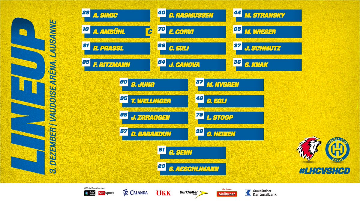 HCD_offiziell's tweet photo. 🚨 Game 2⃣7⃣ 🆚 @lausannehc
Im #HCD-#lineup fehlen #66Nussbaumer, #56Wieser, #71Paschoud, #93Frehner und #86Brome (🤕) und die Prospects #22, #94, #31 (bei den 🚀).
🟨🟦-Liveticker mit Tippspiel: https://t.co/A2obuYvZDp
#LHCvsHCD https://t.co/tD152uW7Zp