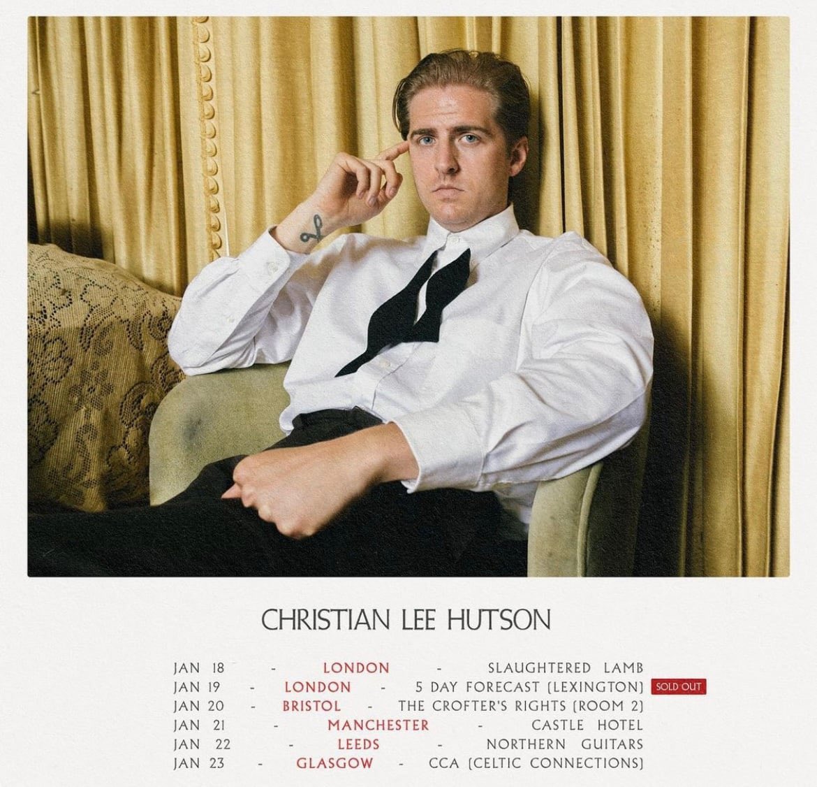 Blue Raincoat Music (@wearebrm) on Twitter photo ON TOUR - <a href="/chrisleehutson/">Christian Lee Hutson</a> is coming to the UK January 2022, stopping at: London for two nights, Bristol, Manchester, Leeds and Glasgow. ON TOUR - <a href="/chrisleehutson/">Christian Lee Hutson</a> is coming to the UK January 2022, stopping at: London for two nights, Bristol, Manchester, Leeds and Glasgow.