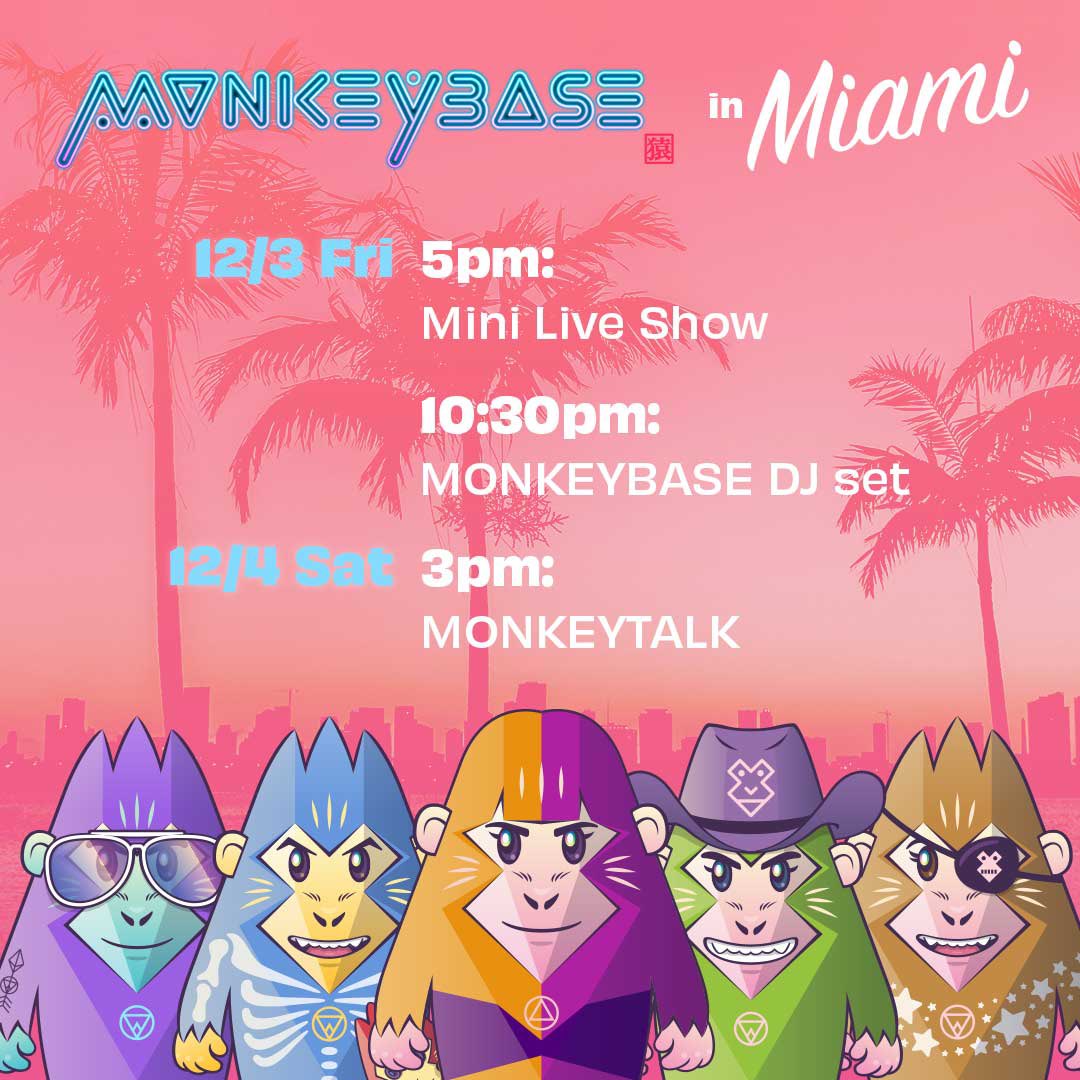 weMONKEYBASE's tweet photo. Hey fellow monkey frenz! We do a mini live show to announce our #portalmonkey #NFT official launch, DJ set, and talk in Miami during #ArtBasel. HMU for the details!
#NFTs #nftcollector #nftcollectors #NFTdrop #NFTCommunity https://t.co/NhA6ThUfxh