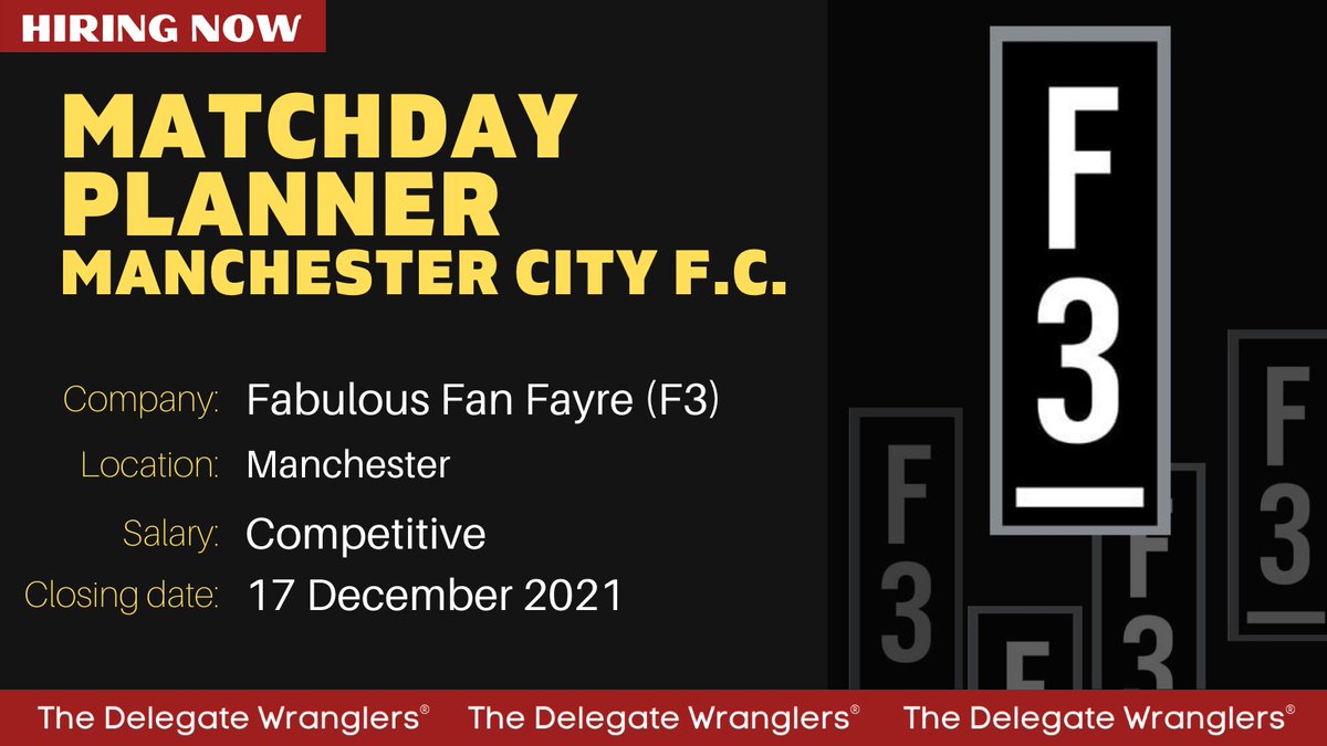 JOB ALERT.
Role: Matchday Planner - Manchester City Football Club
Company: <a href="/FabFanFayre/">Fabulous Fan Fayre</a>  
Location: Manchester
Salary: Competitive
Closing date: 17 December 2021
Check it out in full and apply here:
thedelegatewranglers.com/jobs