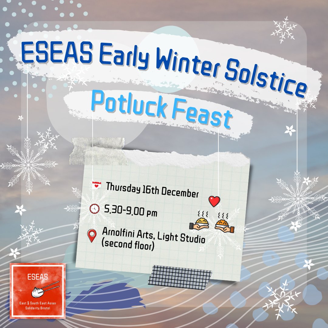 To our ESEA friends,

Lets get together to share one last feast of 2021!

Expect:🖼 art 🥢 food 🫂 community ❄ Winter Solstice celebrations 🤩 exciting news 🔮 looking ahead 🥳 good times all round ✨

🗓️Thu 16 Dec, 5:30-9pm
📍@ArnolfiniArts
🎟️bit.ly/ESEAS-WinterPo…

#ESEAeats