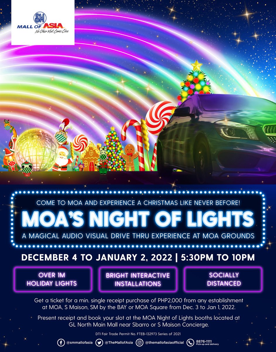 smsupermalls's tweet photo. The @TheMallofAsia brings you the first-ever Christmas Drive Thru installation that will truly be a feast for the eyes. 🎄

#TogetherAtSM, visit MOA’s NIGHT OF LIGHTS from December 4 to January 2, 2022 with your family and friends! ✨ https://t.co/5C2s8tpnvu
