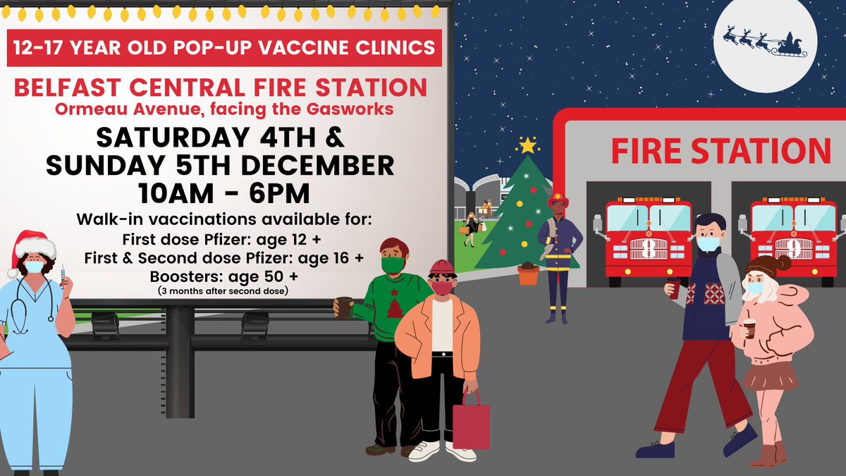 12-17yr old Pop-up Clinic!🚒

Belfast Central Fire Station
Saturday 4th &amp; Sunday 5th Dec
10am-6pm
no appt. needed

Walk-in vaccinations available for:
First dose Pfizer: 12+
First &amp; second dose Pfizer: 15+
Boosters: 50+ (3 months after 2nd dose)
More info: bit.ly/3FVelpR