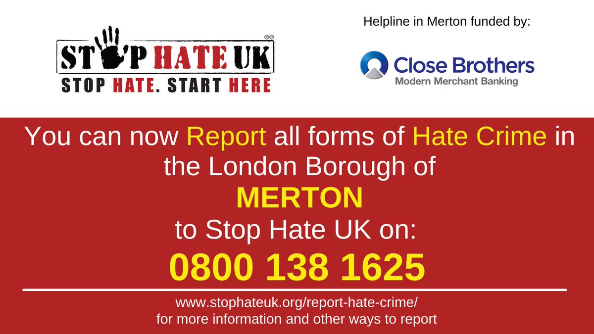 We are delighted to launch our Helpline service in the London Borough of #Merton.

All residents &amp; visitors to Merton can now report #HateCrime to Stop Hate UK on 0800 138 1625 or visit stophateuk.org/talk-to-us

Please don’t suffer in silence – report it!
bit.ly/3rwa3RP
