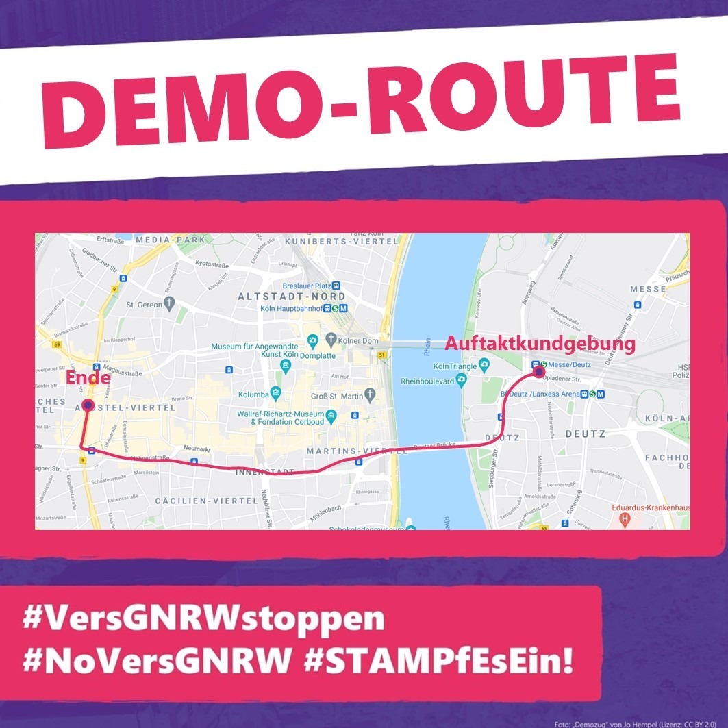 VersGStoppenK's tweet photo. Unsere Demo-Route für morgen!

#STAMPfEsEin
#VersGNRWstoppen 
#NoVersGNRW https://t.co/Ae4Zb9whc2