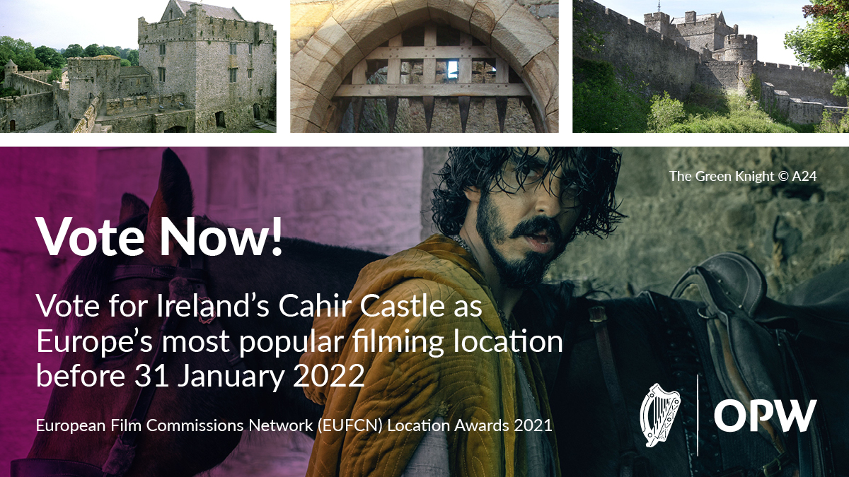 opwireland's tweet photo. We are thrilled that Cahir Castle, as the location for The Green Knight, has been nominated for the prestigious European Film Location Awards. Please vote at https://t.co/xbgs6oNVQr Voting closes Jan 31, 2022.
#EUFCN #CahirCastle #Tipperary #FilmingEurope #EUFCNLocationAward https://t.co/w2PCbxnnyR