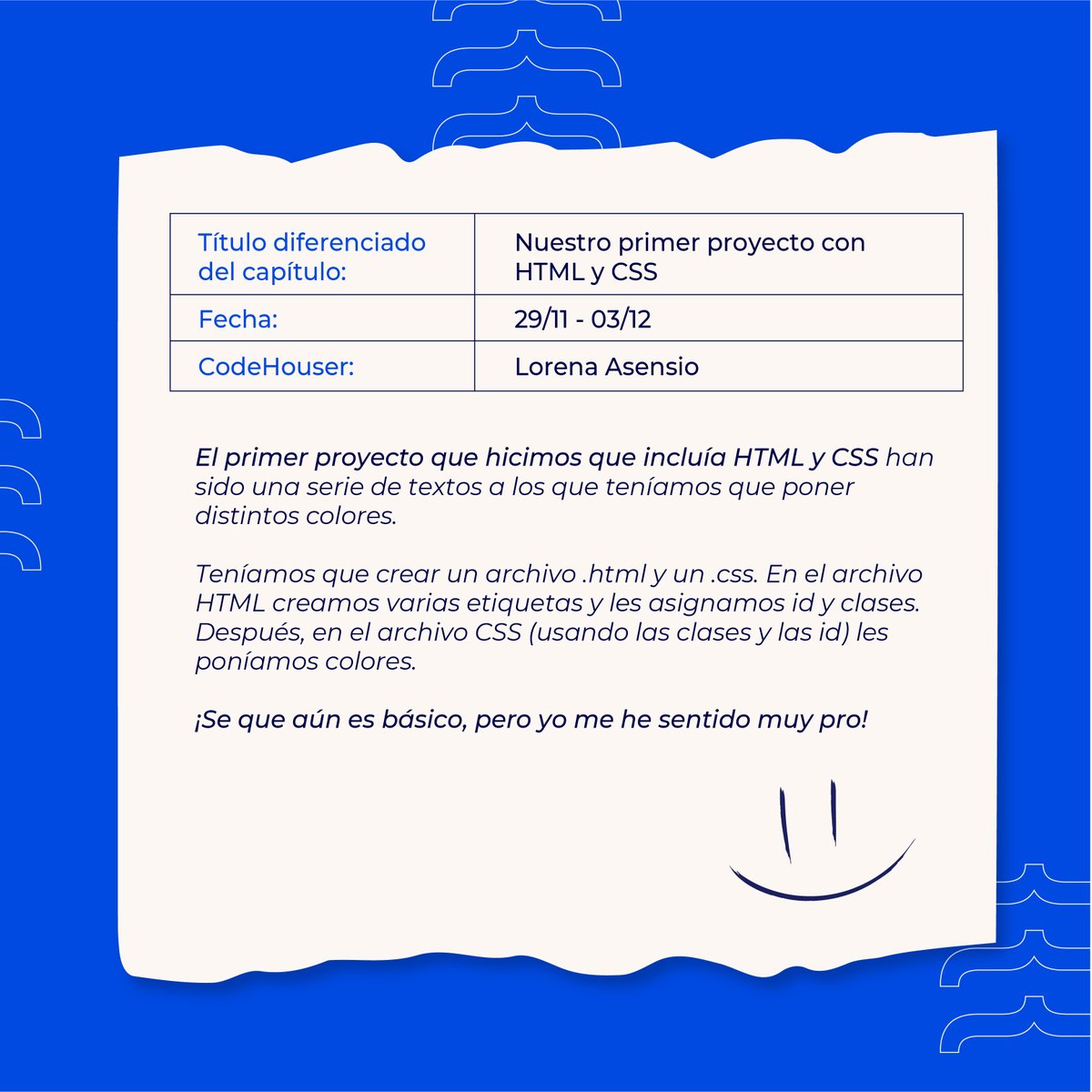 CodeHouseLearn's tweet photo. ¡#BITÁCORA DE UN CODEHOUSER! 👩💻📜👨💻
Alguna vez te has preguntado ¿Qué es lo que hacen nuestros alumnos a lo largo del #Bootcamp?
Hoy te traemos la Bitácora de nuestros #CodeHousers 👾 Donde irán explicando poco a poco lo que van aprendiendo a lo largo de las semanas 🙌 https://t.co/NMzWfgYDLz