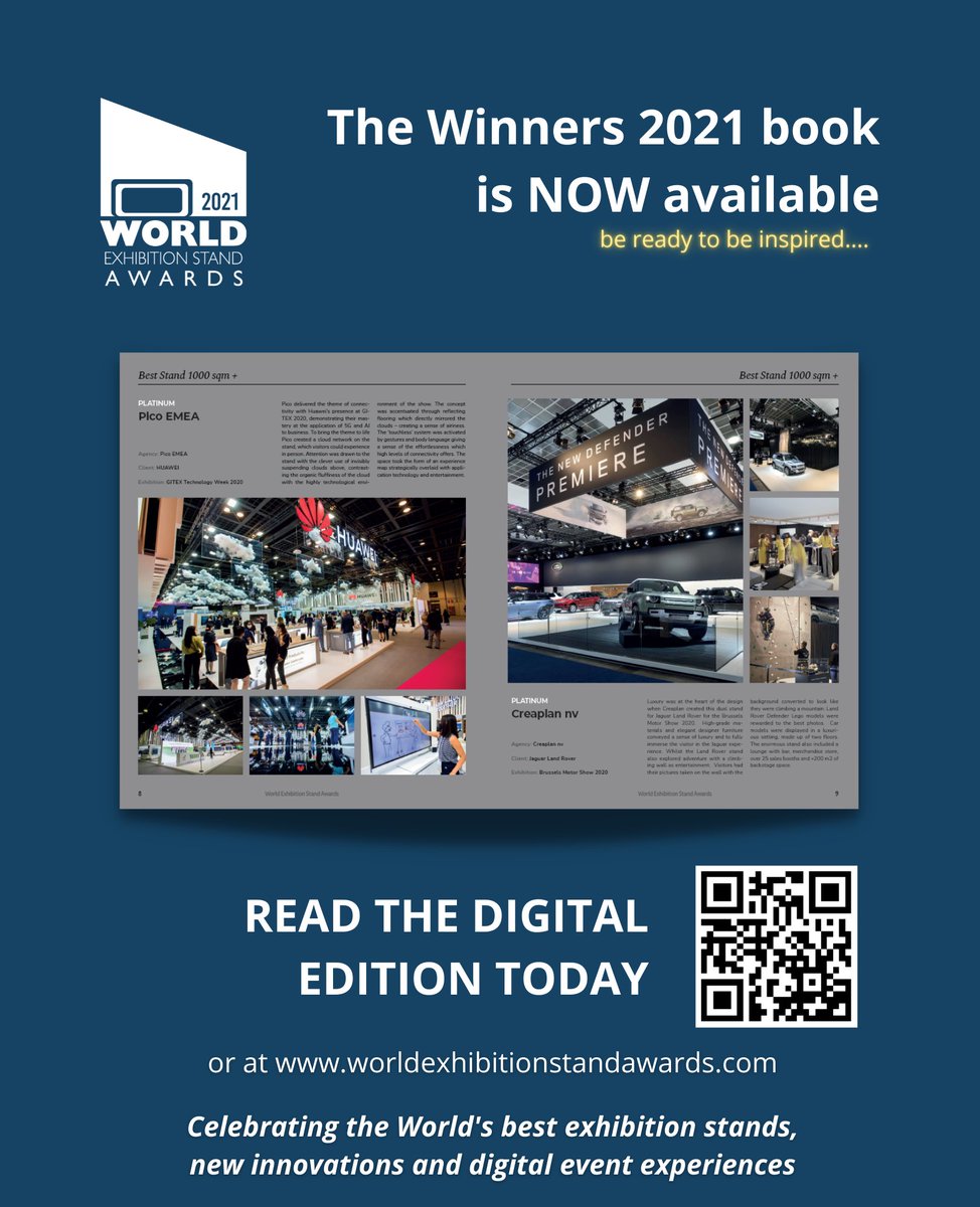 WESAAwards's tweet photo. The #worldexhibitionstandawards Winners Book 2021  is available online.  Filled to brim with this year's inspirational winning projects:-  https://t.co/CbvdF3WaFW
For further info or to register your interest for the 2022 edition.  Please visit:- https://t.co/oIUQNSMQb8  #WESA21 https://t.co/bX6QL09aDE
