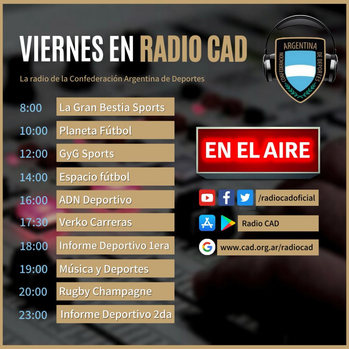 📻Ya podes disfrutar del viernes en la radio de la Confederación Argentina de Deportes 🇦🇷

📅 Hoy tenemos:

📌 <a href="/BestiaSports/">La Gran Bestia Sports</a>
📌 <a href="/PlanetaFutbolOK/">Planeta Fútbol</a>
📌 <a href="/GyDeportes/">GyGDeportes</a>
📌 @EspacioFutbolOk 
📌 <a href="/ADNDeportivo21/">ADN Deportivo (en 🏠)</a>
📌 @VerkoCarrerasTv
📌 <a href="/rugbych/">Rugby Champagne</a> 
📌 #NoticieroNocturno