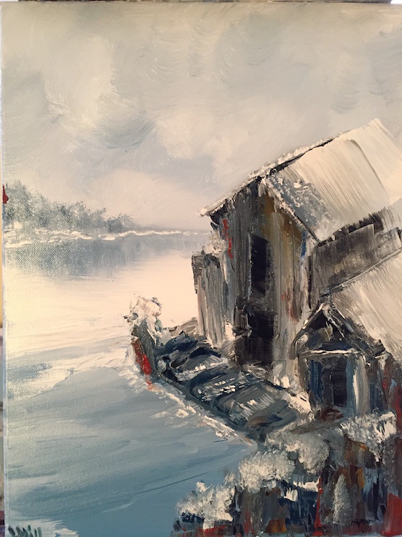 The wind is howling over the harbor today. Frozen Harbor, oil on canvas laurahillart.blogspot.com/2020/11/frozen… #frozen #harbor #painting #gifts #holiday #winter #laurahillart