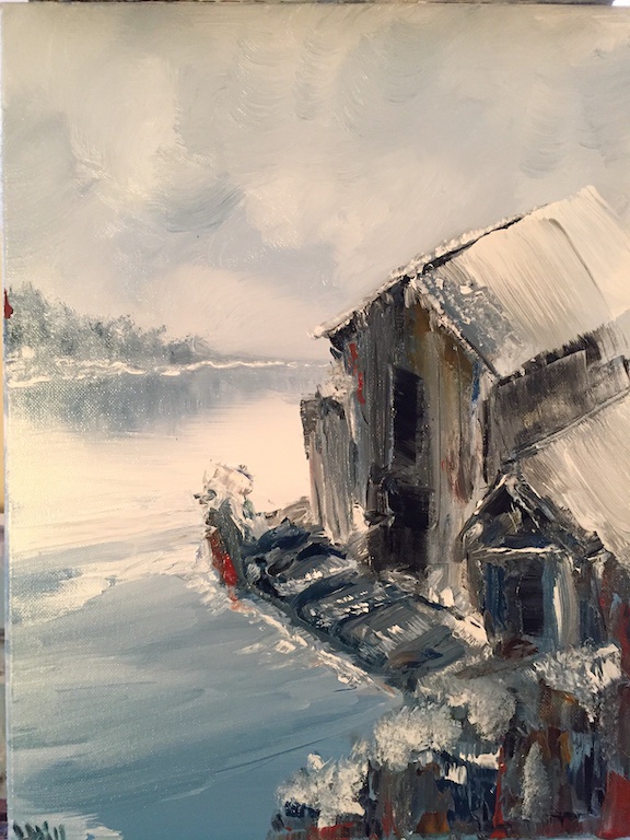 The wind is howling over the harbor today. Frozen Harbor, oil on canvas laurahillart.blogspot.com/2020/11/frozen… #harbor #art #gifts #frozen #oilpainting