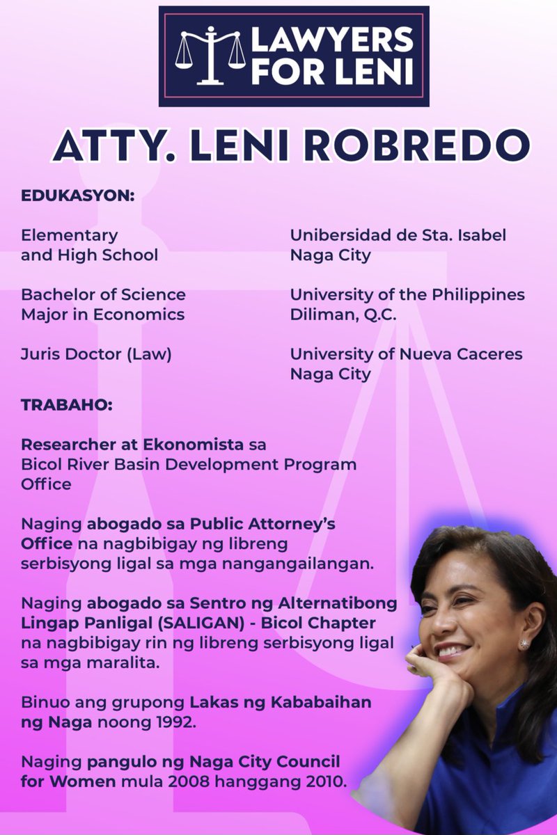 lawyersforleni's tweet photo. Bago pa man nasabak sa pulitika ay matagal na nagsilbing abogado si #BusyPresidente Leni Robredo para sa mga nangangailangan at sa mga nasa laylayan ng lipunan.

Hindi lamang yan, isa rin siyang ekonomista mula sa UP.  💖 #LabanLeni2022 #LeniKiko220 https://t.co/ehZK2wyg99