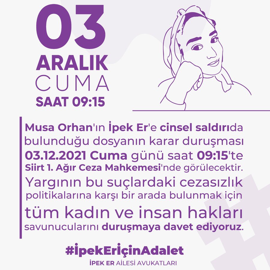 Ödül gibi cezalarınız erkekleri cesaretlendiriyor; bizleri şiddete açık hale getiriyor!

#İpekEr davasında, fail #MusaOrhan hakkında nitelikli cinsel saldırı suçundan takdiri indirimle beraber 10 yıl hapis cezasına karar verildi. Tutuklama talebi reddedildi.