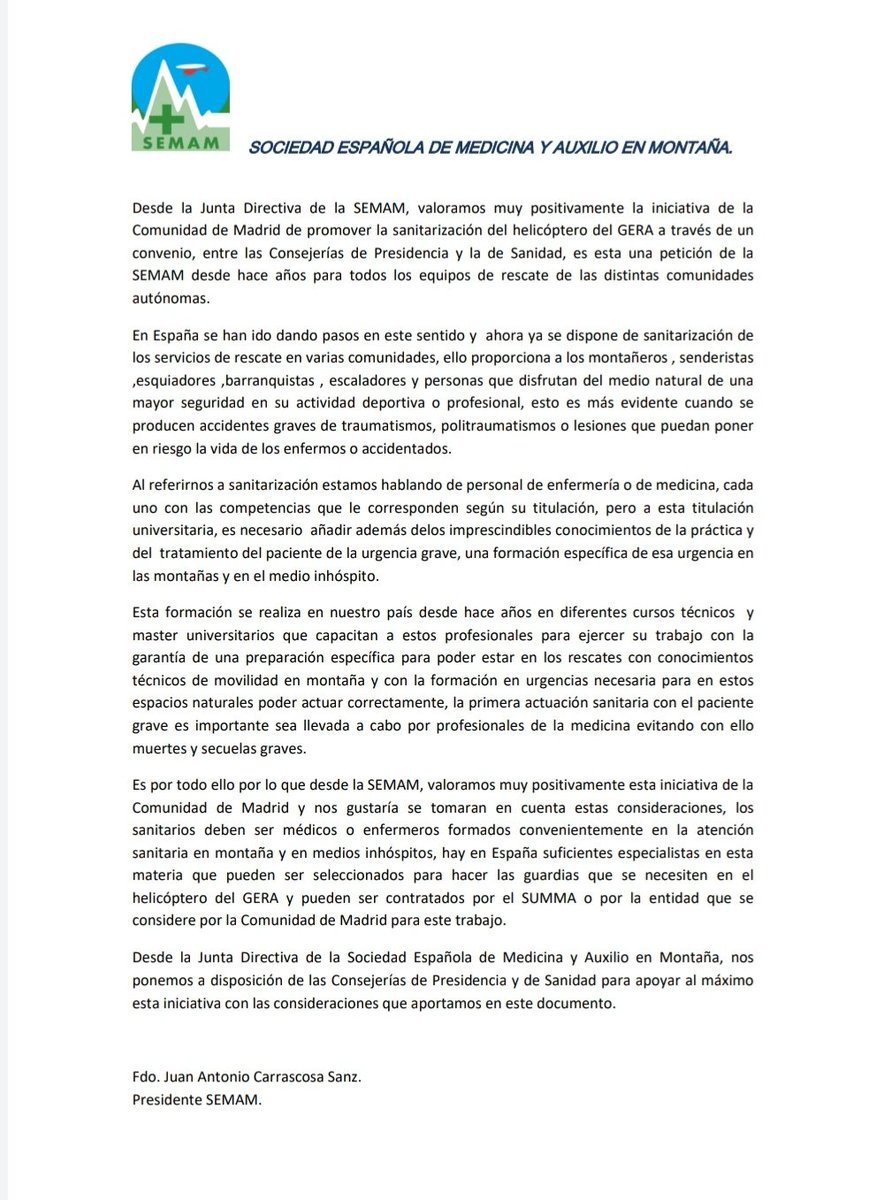 semamsociedad's tweet photo. Nos alegra ver que la Comunidad de Madrid  contempla por fin la sanitarización del rescate en montaña. Consideramos fundamental que se haga con personal con formación especifica, primando así la seguridad tanto de los heridos como del propio equipo de rescate @GeraRescate https://t.co/1V4GuI1I5y
