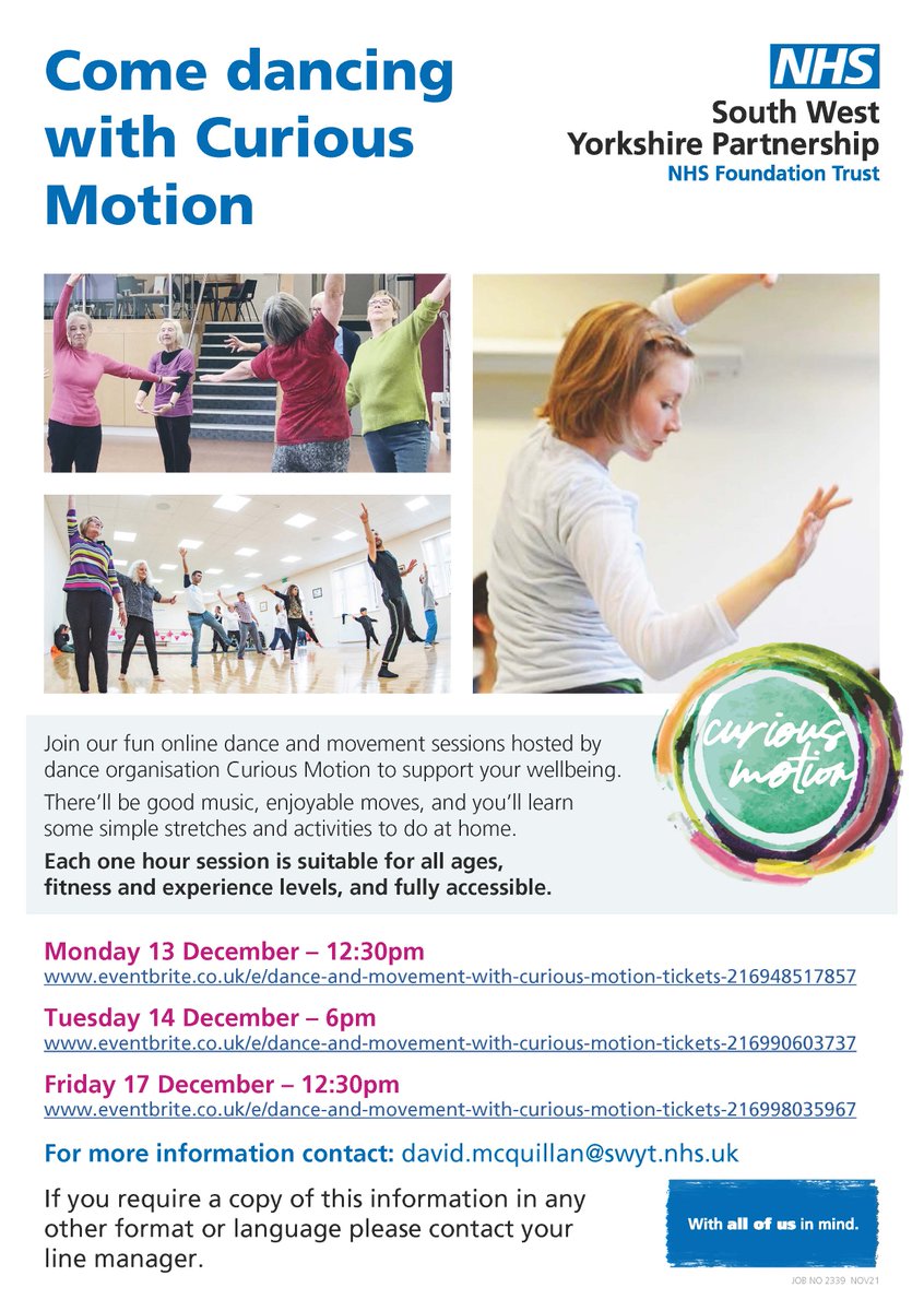 It's cold outside 🥶 so get active from the comfort of your own home with us and @curiousmotion_ 💃🕺 Open to staff, service users and partner organisations.

Book now for 13 Dec: eventbrite.co.uk/e/dance-and-mo…

14 Dec: eventbrite.co.uk/e/dance-and-mo…

17 Dec: eventbrite.co.uk/e/dance-and-mo…