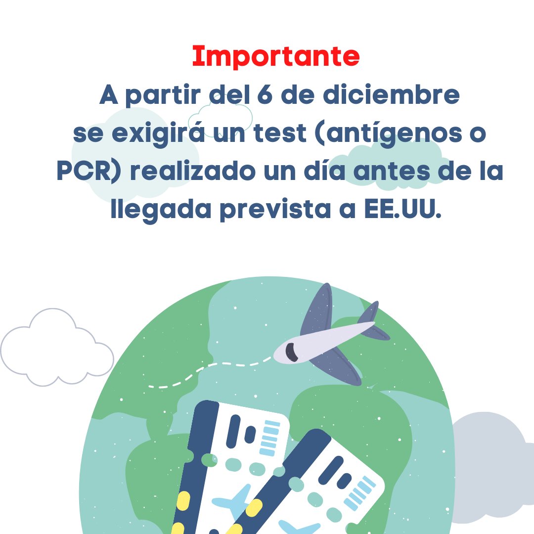 ⚠️Importante: a partir del 6 de diciembre se exigirá un test (PCR o antígenos) para viajes internacionales con destino a 🇺🇸 EE.UU realizado como máximo 1 día antes de la fecha llegada. (no son necesarias 24 horas exactas)
➡️Visita nuestra web: ow.ly/ebCK50H2HyN