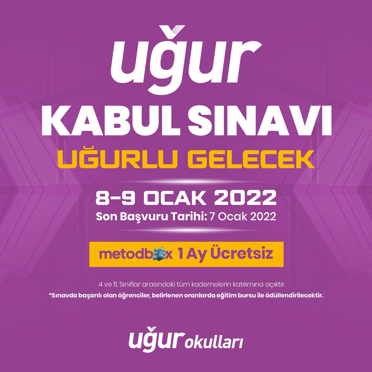 Uğurlu bir gelecek için hazırlan! 🚀

4. ve 11. sınıf kademeleri arasındaki tüm öğrencilerin katılımına açık Uğur Kabul Sınavı, 8-9 Ocak tarihlerinde!

Detaylı bilgi ve başvuru için 👉 ugurokullari.k12.tr/uks

#UğurluGelecek