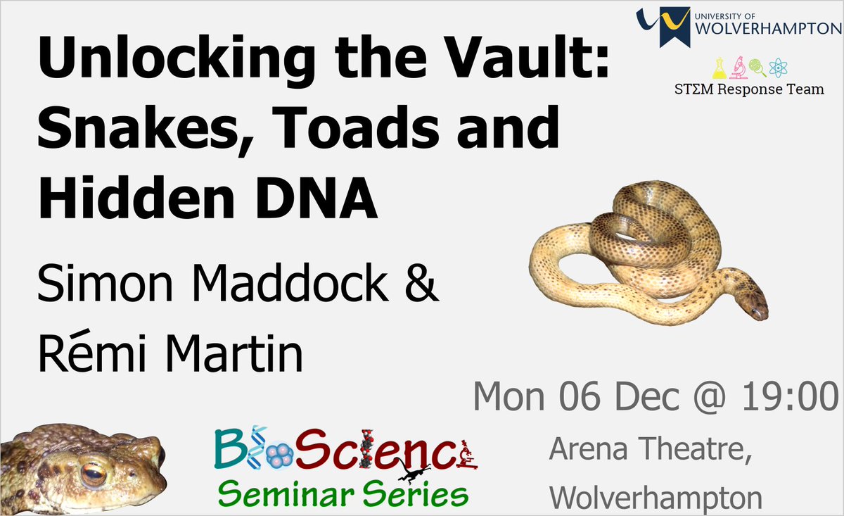 This is a reminder about the upcoming BioScience Seminar Series on Mon 6th Dec, where @Simon_Maddock and Rémi Martin will be discussing "Unlocking the Vault: Snakes, Toads and Hidden DNA". The event will be in <a href="/Arena_Theatre/">Arena Theatre</a>. Free tickets available from eventbrite.co.uk/e/bioscience-s…