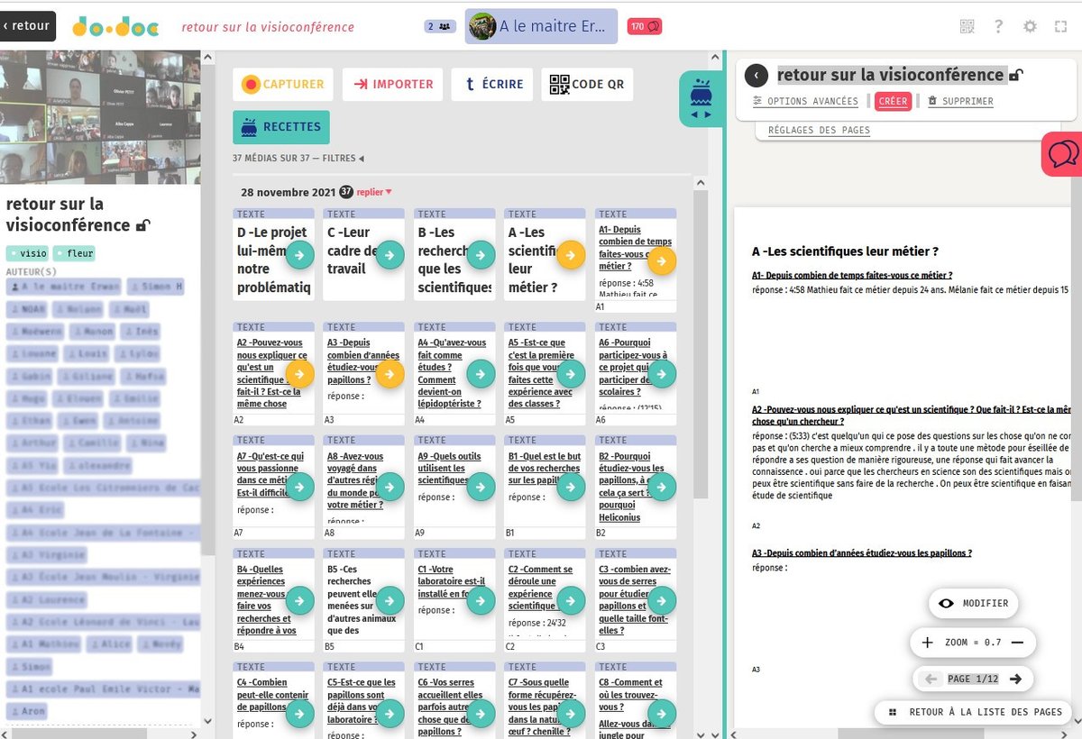 wanerspid's tweet image. Un 1er gros temps fort, une visio à 6 classes avec les chercheurs du @usr_leeisa – une compilation collaborative des notes prises par les 250  élèves grâce à l’usage de l’outil de conception de contenus partagés mutimédia #dodoc de @latelier_cherch.