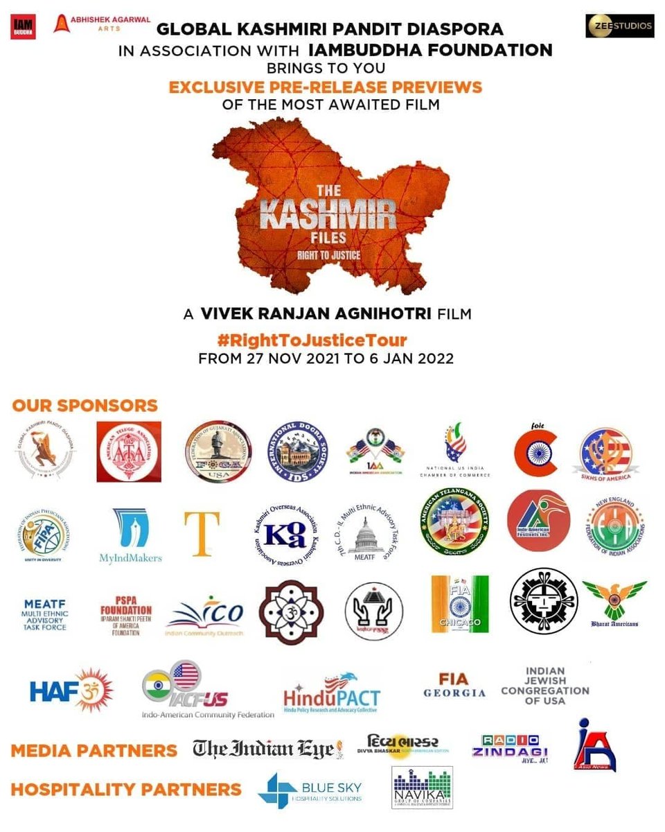 vivekagnihotri's tweet photo. #Preview3 The journey of the first ever true story of the Kashmir Genocide has begun.
The EXCLUSIVE PRE-RELEASE PREVIEW of the TRUE STORY of #TheKashmirFiles on Fri 03 Dec 2021, at WASHINGTON DC.
Strictly by invite only.
#RightToJusticeTour https://t.co/CUaYLfqj5y