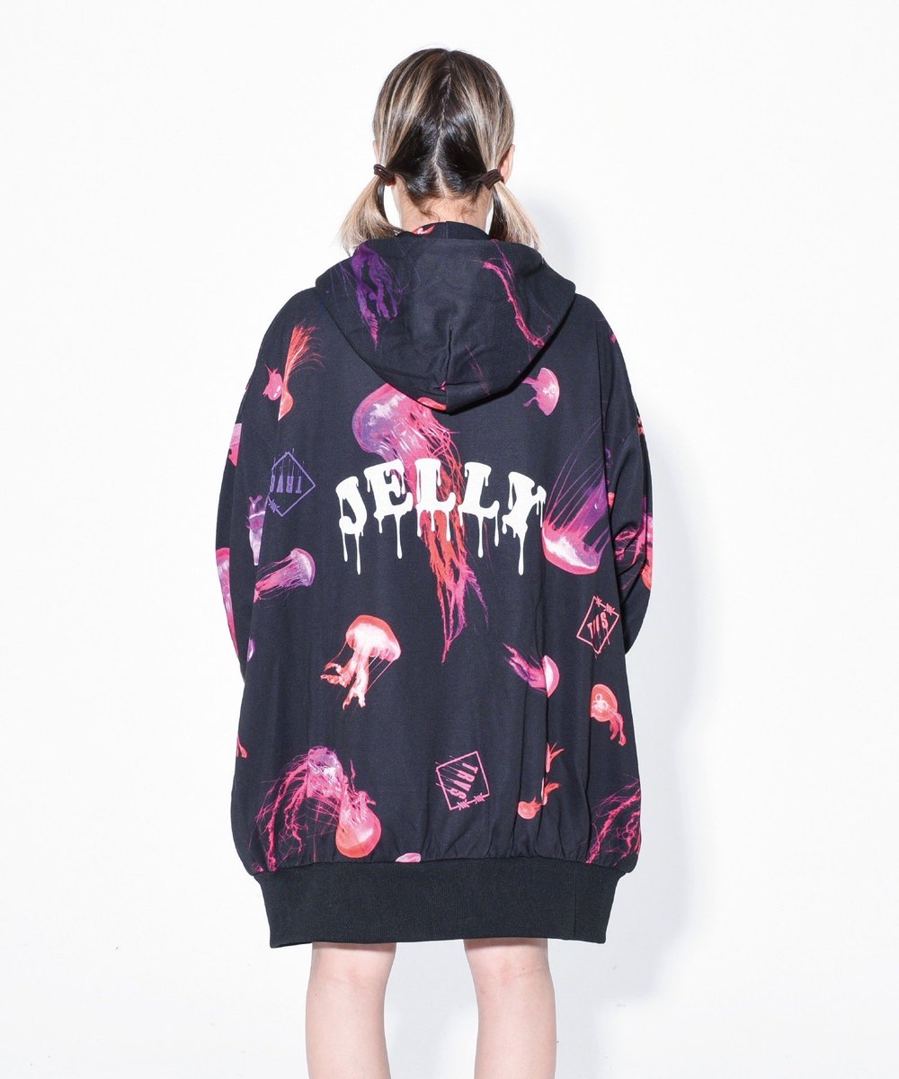 トラバストーキョー フルジップ パーカー 黒 総柄 クラゲ JELLY TRAVAS TOKYO クラゲのZIPパーカー TRAVAS TOKYO オーバーサイズ