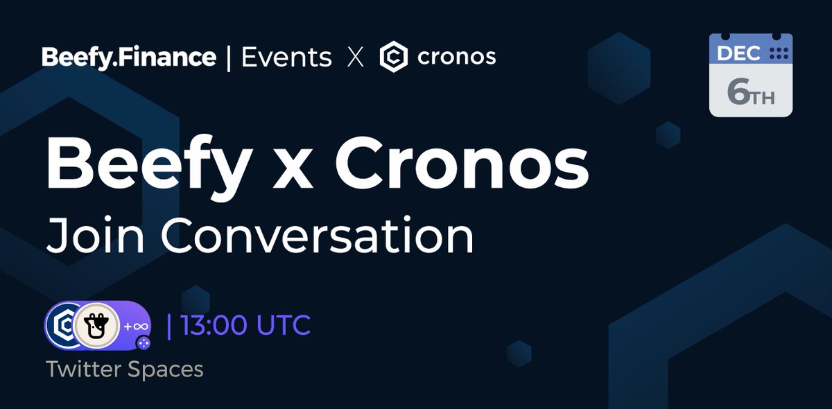 beefyfinance's tweet photo. Beefy &amp; Cronos 🧑‍🤝‍🧑 

Join us on December 6th, at 13:00 UTC for a TwitterSpaces conversation with @cronosapp.

#BeefyonCryptocom #FFTB @Cryptocom #CRO https://t.co/p1zTc5UsEI