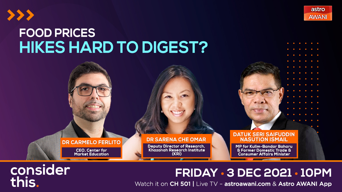 501Awani's tweet photo. With global food prices at a 10-year high, pressure mounts on the Govt to do more to stem runaway prices. Is there a comprehensive plan? Tonight on #ConsiderThis @Melisa_Idris &amp; @SharaadKuttan speak to @saifnasution @SarenaCheOmar &amp; Carmelo Ferlito about necessary interventions. https://t.co/UyLKq6FNYA