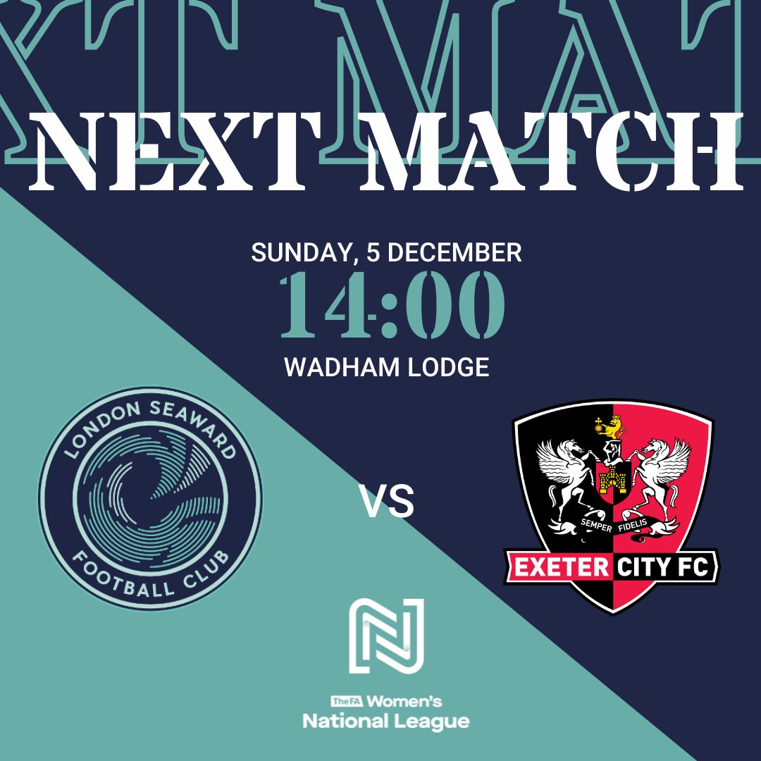 ⚓️Next Match⚓️

🏆 <a href="/FAWNL/">FA Women's National League</a> League Cup Plate
🆚 <a href="/ExeterCityWFC/">Exeter City Women FC</a> 
🗓️ Sunday 5th December
🕑 2pm KO
🏟️ Wadham Lodge, E17 4JP
🎫 Adults £5, Concessions £3

C'mon Seaward⚓️