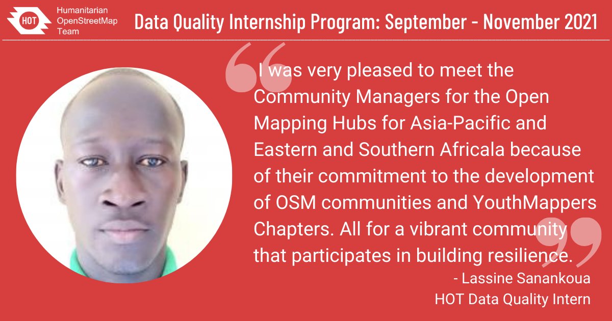 hotosm's tweet photo. Well done @l_sanankoua  for your hard work during the HOT Data Quality Internship supported by @Meta! Interns received training in QGIS, JOSM, @Mapbox Studio, Overpass Turbo, OSMCha, OSMose, @KonturInc #DisasterNinja, RapiD, Umap, @OSGeo Live, MapRoulette. https://t.co/1movlR2kq6