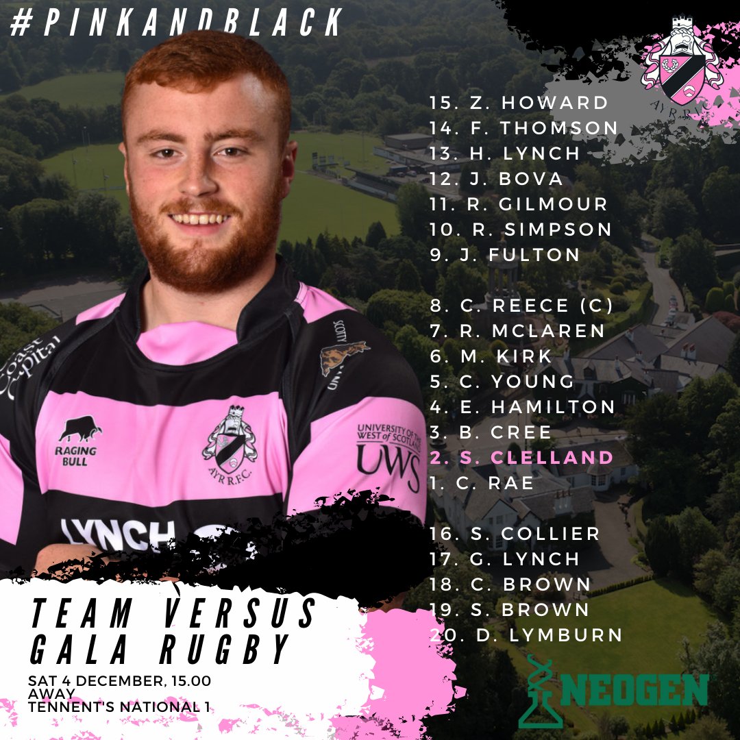 OfficialAyrRFC's tweet photo. TEAM NEWS🗞️ | Here's how your club sides line up tomorrow afternoon!

ℹ️ Your 1XV are away to @Gala_Rugby, and Ayr/Millbrae host @MarrRugby 2XV at Millbrae!

The weekend's coverage is brought to you by @NeogenEurope!

#pinkandblack | #millbraemade https://t.co/RyA7zu09RY