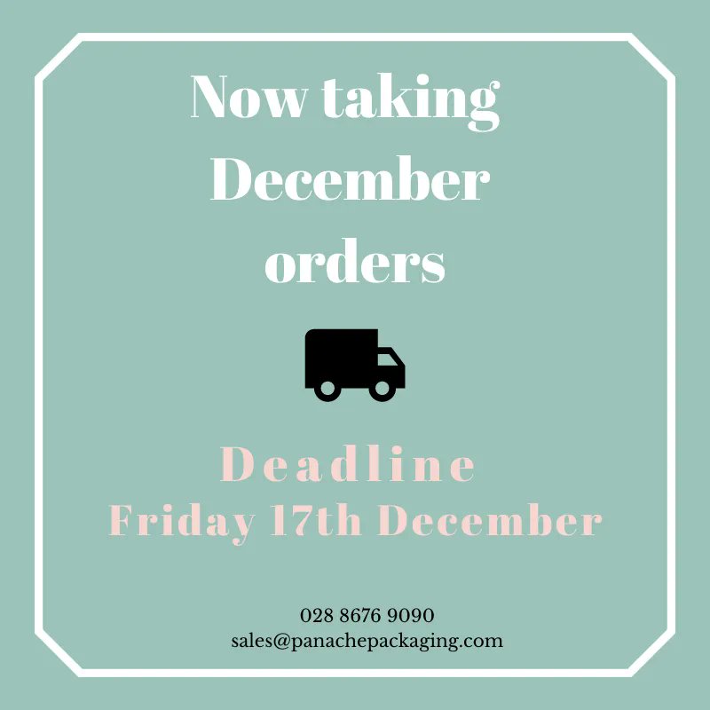 PanachePack's tweet image. We are now taking December orders ☎️ 
Deadline for orders is Friday 17th December
sales@panachepackaging.com
028 8676 9090
.
.
.
#bespokepackaging #customprinting #paperpackaging #packaginginspiration