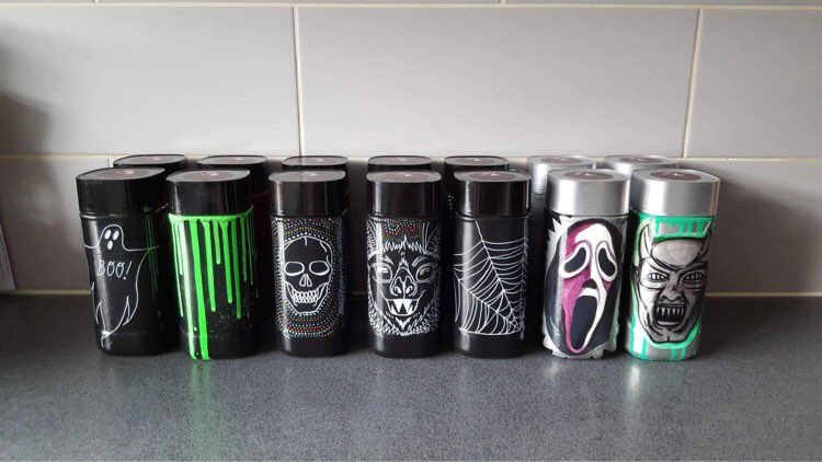 VioletTend666's tweet photo. TRICK OR TREAT JARS ☠️☠️☠️

These horrifically hand painted jars are filled with glorious sweeties. 
These badboys are £5 each or two for £8 and will be exclusively sold at this Sunday’s Liverpool Horror Club Horrific Christmas Market. https://t.co/CwabbWTbP3