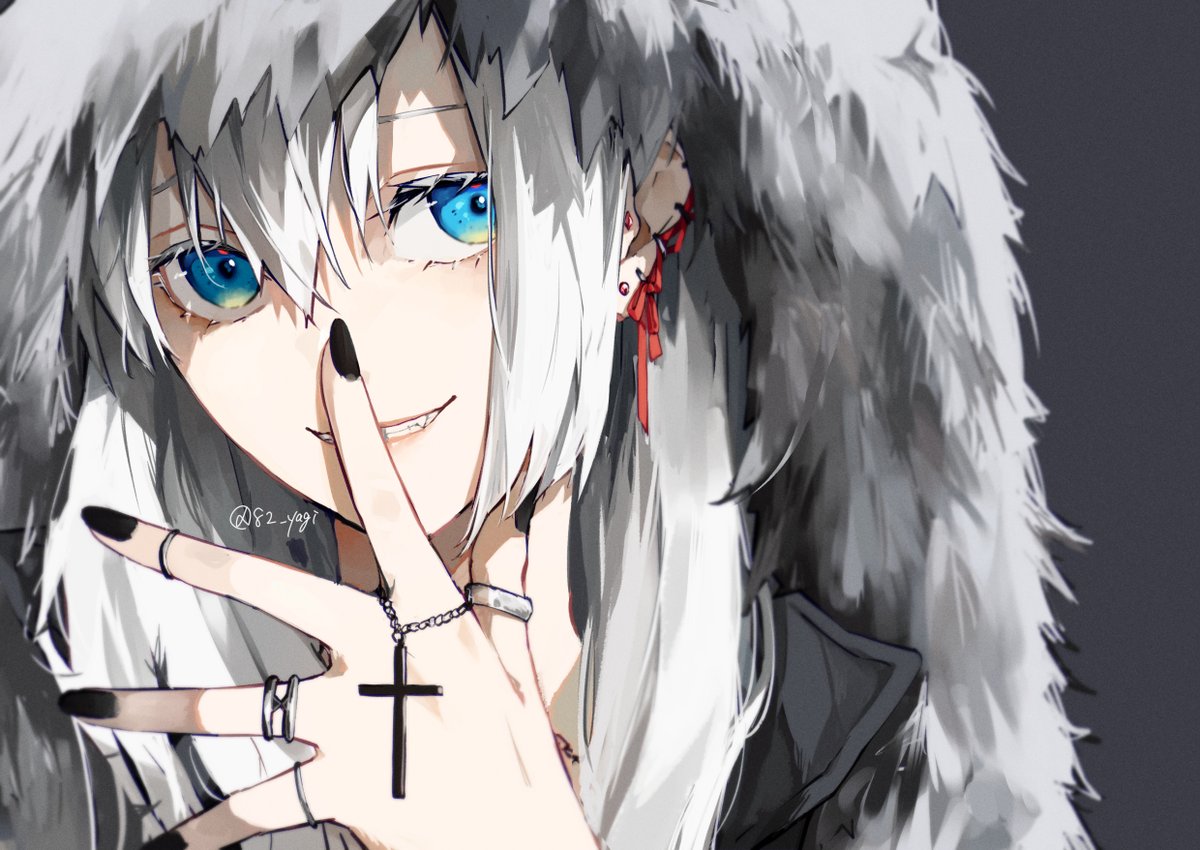 jewelry black nails solo blue eyes ring smile white hair  illustration images