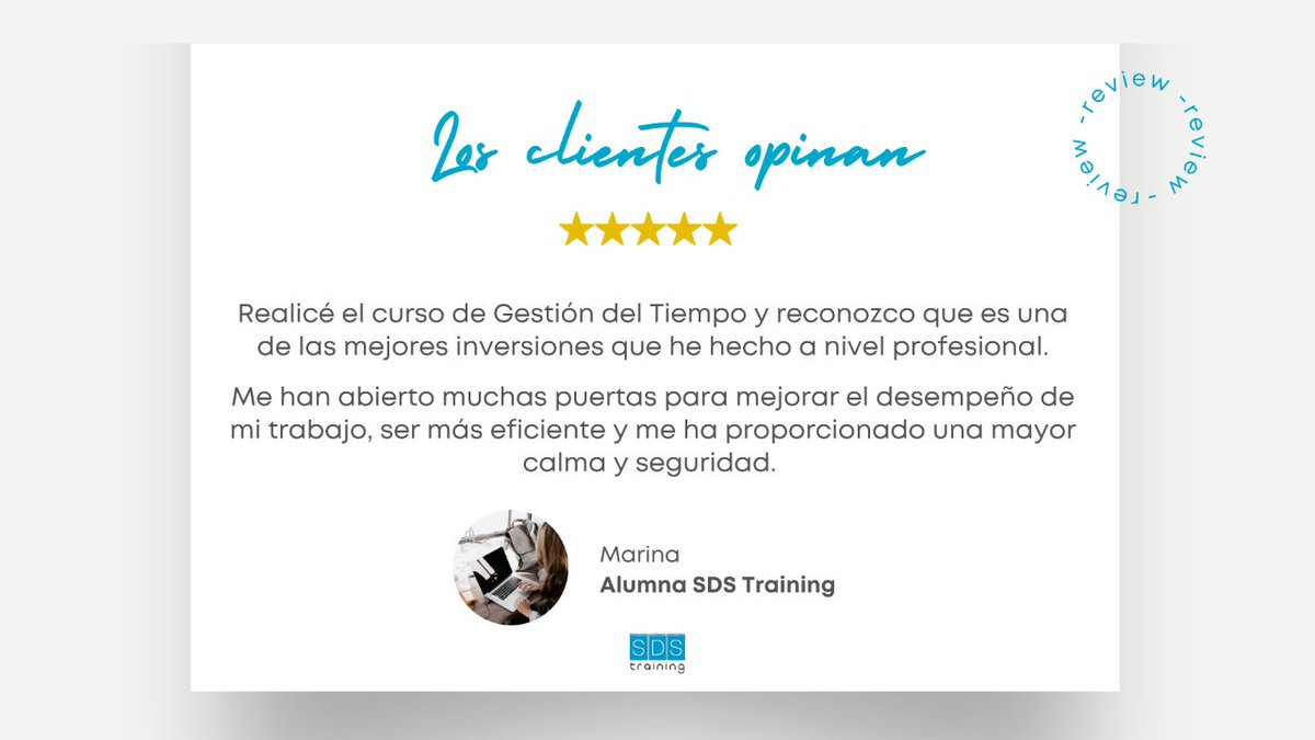 sdstraining's tweet photo. No hay nada que nos haga más feliz que alumnos satisfechos con nuestra formación 🥰

¡Gracias Marina por tus palabras! 💙

#SDSTraining #FormaciónEmpresas #CursosBonificados
https://t.co/QIximmfyMy https://t.co/EXavwz9OYl