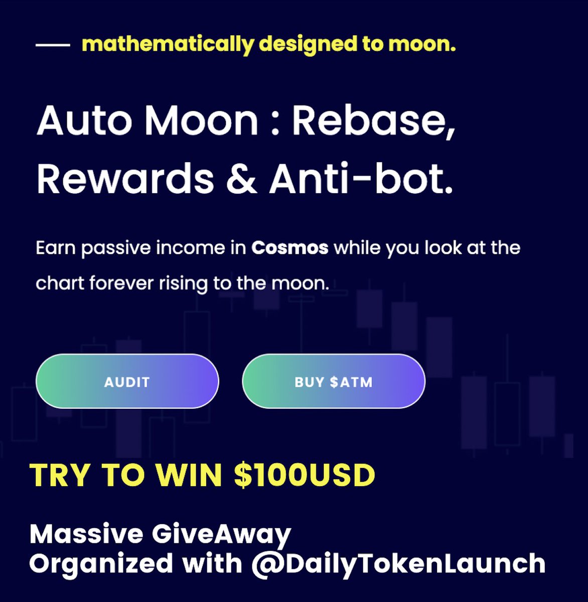 AutoMoon_co's tweet photo. Hello AutoMooners,
New announcements Rocket

We've launch a massive giveaway in partnership with https://t.co/X62w96yNWE

To participate, Invite 3 DeFi Investors to join the group @dailytokenlaunch, join our Telegram group 
@auto_moon and comment "done" in @dailytokenlaunch post. https://t.co/hHQiTl3fFL