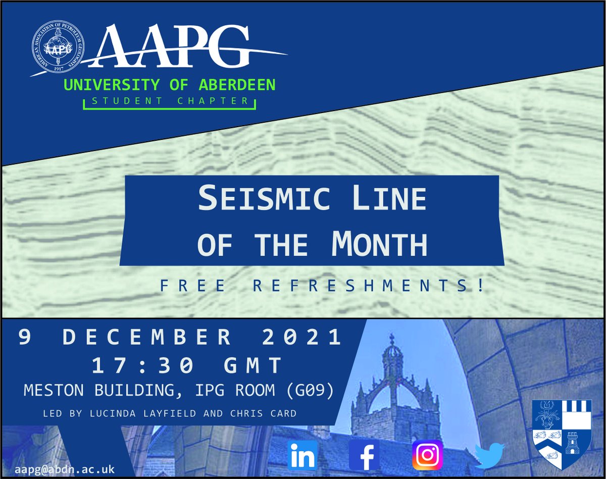 Join us on Thurs 9th Dec for the 'Seismic Line of the Month', a chance to practice your skills in #seismicinterpretation; a highly valued skill in the #petroleum industry.

Includes FREE drinks and snacks! Hosted in Room G09, Meston Building (IPG Room / Basin Studies).