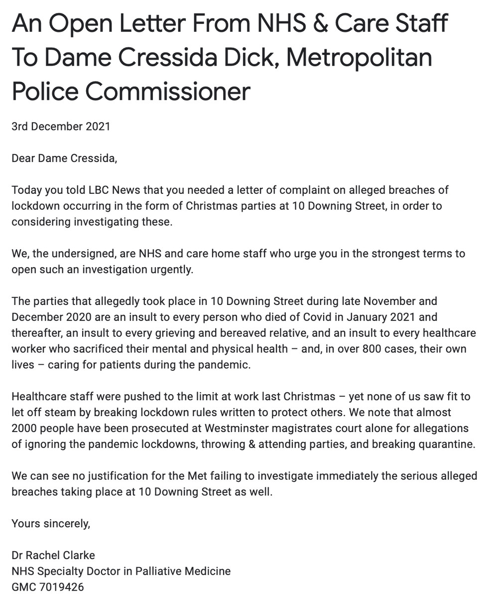 💥 Calling NHS &amp; care staff 💥

Today the <a href="/metpoliceuk/">Metropolitan Police</a> commissioner Dame Cressida Dick told <a href="/LBC/">LBC</a> she needed a letter of complaint in order to investigate 10 Downing Street's alleged lockdown-breaking Christmas parties.

Pls consider signing this letter (link below).

Pls share.