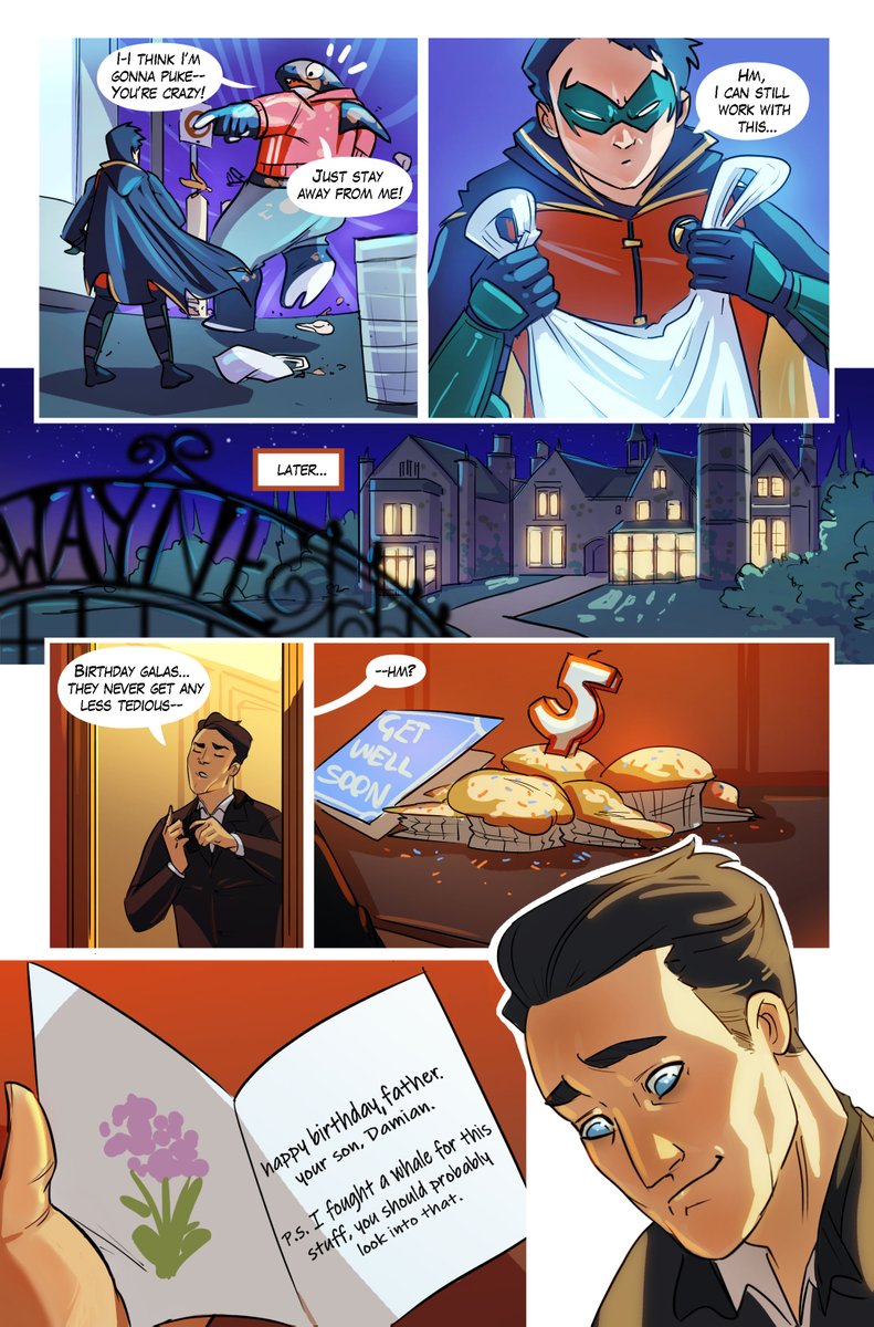 MeganHuang5's tweet photo. I was being a silly goose again and decided to do another 3-pager, this time with Damian Wayne and Orca. I like to call this one: It's the thought that counts. 
and yes... there's an aquatic-animal-that-can-live-on-land theme happening in my pages. 😛
#orca #damianwayne #dccomics https://t.co/A5G4VLmSx7