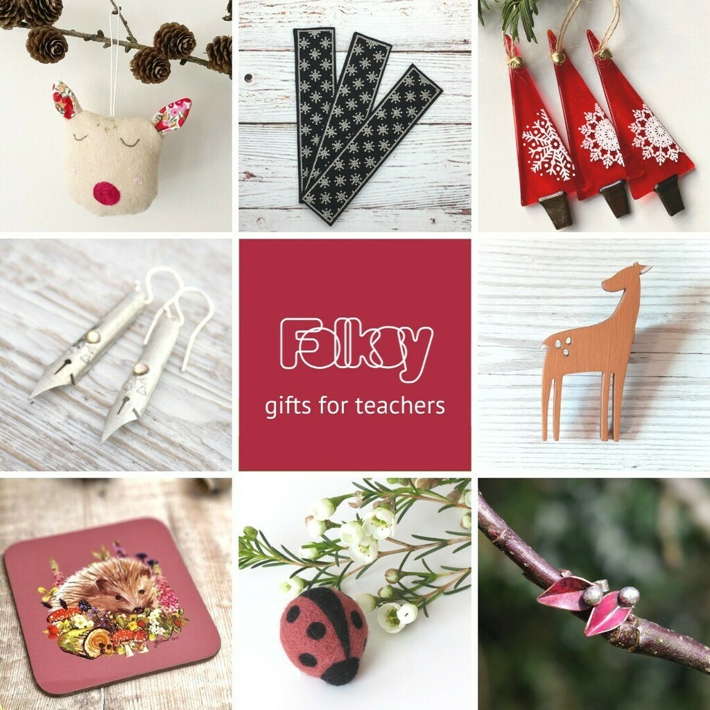 folksy's tweet photo. For those who have helped us grow, inside and outside the classroom. 

Heirloom liberty reindeer decoration by @cwembroidery
Black linen bookmark by @tickleandthread
Fused glass christmas tree by @clarewainwright1
Wooden deer pin by @hooperhart
Red coppe… https://t.co/GhjWMTG2In https://t.co/Bkv7IKstXD