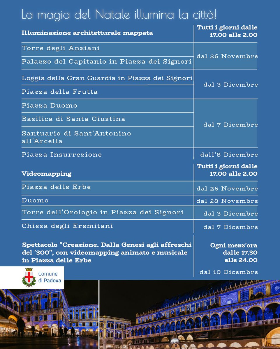 comunepadova's tweet photo. 🌠 Avete visto i nuovi videomapping, lo spettacolo digitale che, assieme alle tradizionali luminarie, crea la scintillante atmosfera del #NataleaPadova illuminando palazzi monumentali e chiese di #Padova? 🤩
Info proiezioni:
🎅 https://t.co/VnWciFl3YI
➡️ https://t.co/URYVO482Ct https://t.co/W4Uq8YokS5