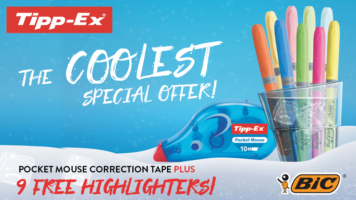 Don’t get left out in the cold, snap up this special offer! 
Buy a pack of 10 Tipp-Ex® Pocket Mouse Correction Tape and you’ll receive a FREE pack of 5 Highlighter Grip and 4 Highlighter Grip Pastel.