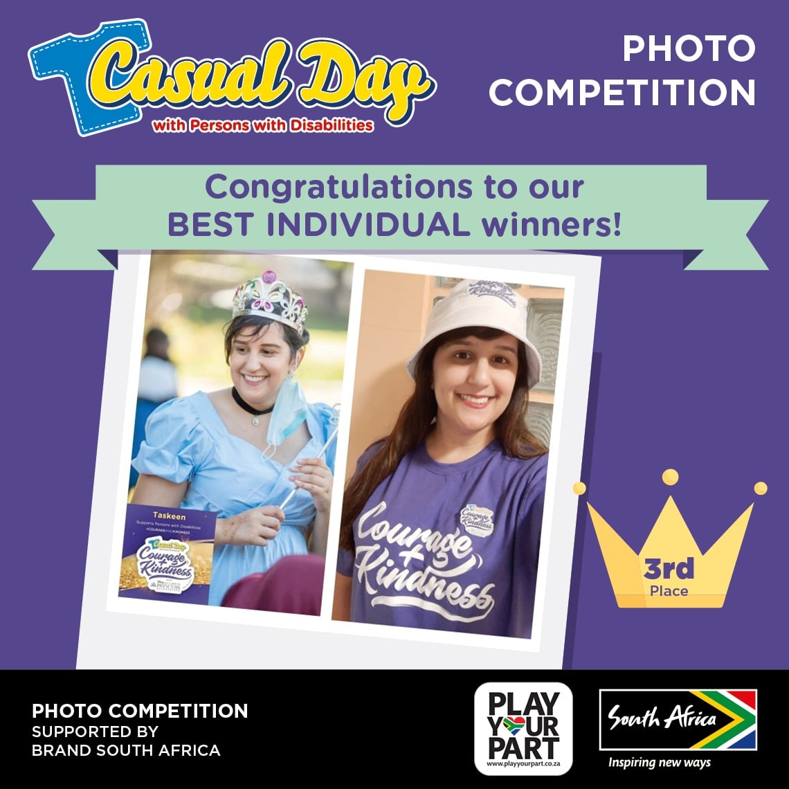 TheNCPDZA's tweet photo. CONGRATS to our WINNERS in the BEST INDIVIDUAL category:

1st Place - Gerda Janssen - Eureka School
2nd Place - Bianca Claassen - Kidz and Therapy
3rd Place - Taskeen Ameer

Thank you @Brand_SA @PlayYourPartSA 

#courageandkindness #BestIndividual #UltimatePrincessCelebration https://t.co/jxGITqJo8H