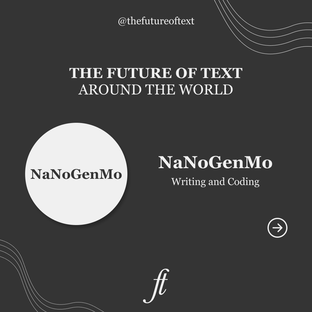 TheFutureofText's tweet photo. MEET: NaNoGenMo (@hugovk / @tinysubversions)

This is a writing and coding project, where people all around the world spend the month of November writing codes and novels.

Want to know more about NaNoGenMo? Follow the project on the website:
https://t.co/U94PzMw6xO https://t.co/NTYTsLLCfG