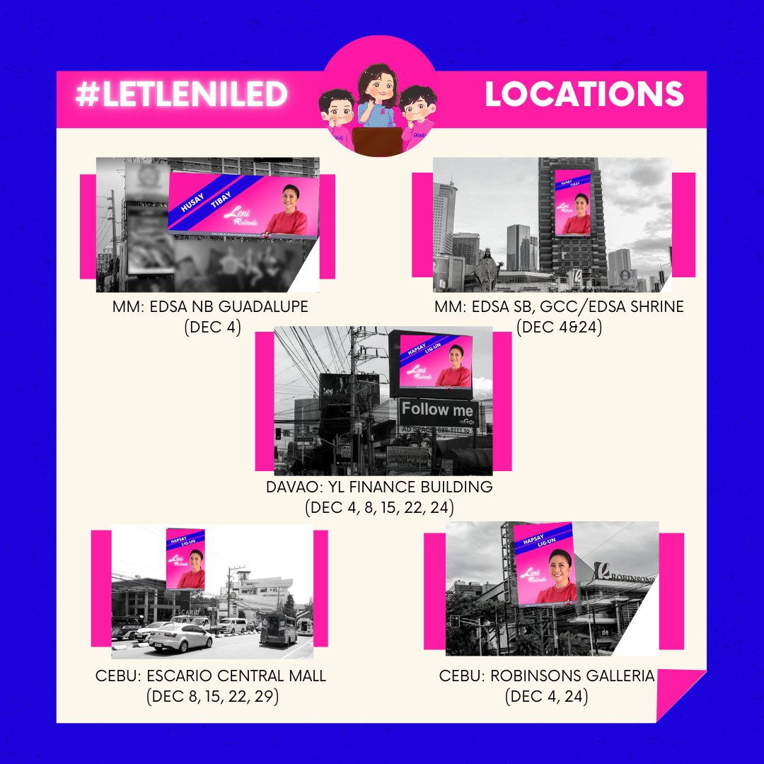 PPStansForLeni's tweet photo. #PangPangStansForLeni and #KakamPinks! Here are our LED locations and scheds this month! Feel free to visit, take pics, and use as a convo starter to talk about our future president ๐๐๐
Also, don't forget to use the hashtag #LetLeniLED if posting about this online^^ https://t.co/lJg5kgUKZE