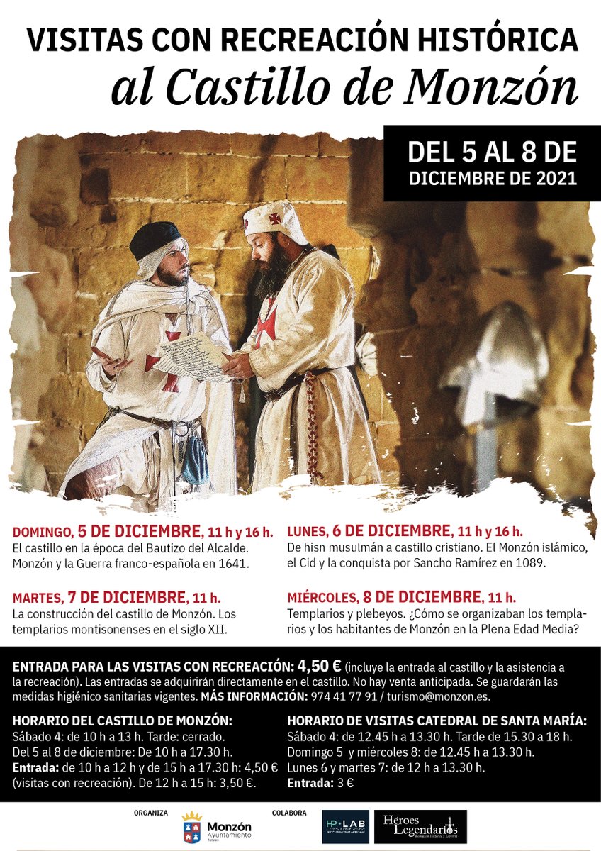 📣 ¡Todo listo para las visitas con #recreaciónhistórica al Castillo de #Monzón que comienzan MAÑANA! Y, es que, este puente, ¡tenemos una cita con otras épocas en nuestra fortaleza templaria! ⚔️ Con la colaboración de <a href="/CreacionMedievo/">HPLab [Laboratorio de Desarrollo Unizar]</a>.

🎟️ 4,5 € (directamente en el castillo)