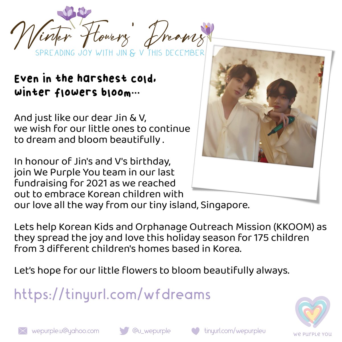 u_wepurple's tweet photo. ARMY! Join us as we reach out to embrace Korean children with our love all the way from our tiny island.
Our target : USD$400
Donation link : https://t.co/pFwNF709ue
#BTS #BTSARMY #SGARMYgivesback #ARMYgivesback #taehyungday #jinday #winterflowersdreams #wepurpleuproject https://t.co/bFYz5UUFXQ
