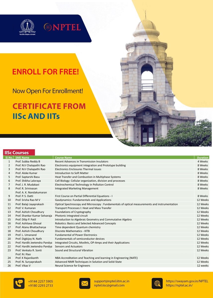 IISc Bangalore (@iiscbangalore) on Twitter photo NPTEL, an e-learning initiative by IITs and IISc, offers online courses for students in diverse areas of science, engineering, humanities and social science. Enrolment for the January 2022 semester is now open. For more details, please visit: swayam.gov.in/NPTEL NPTEL, an e-learning initiative by IITs and IISc, offers online courses for students in diverse areas of science, engineering, humanities and social science. Enrolment for the January 2022 semester is now open. For more details, please visit: swayam.gov.in/NPTEL