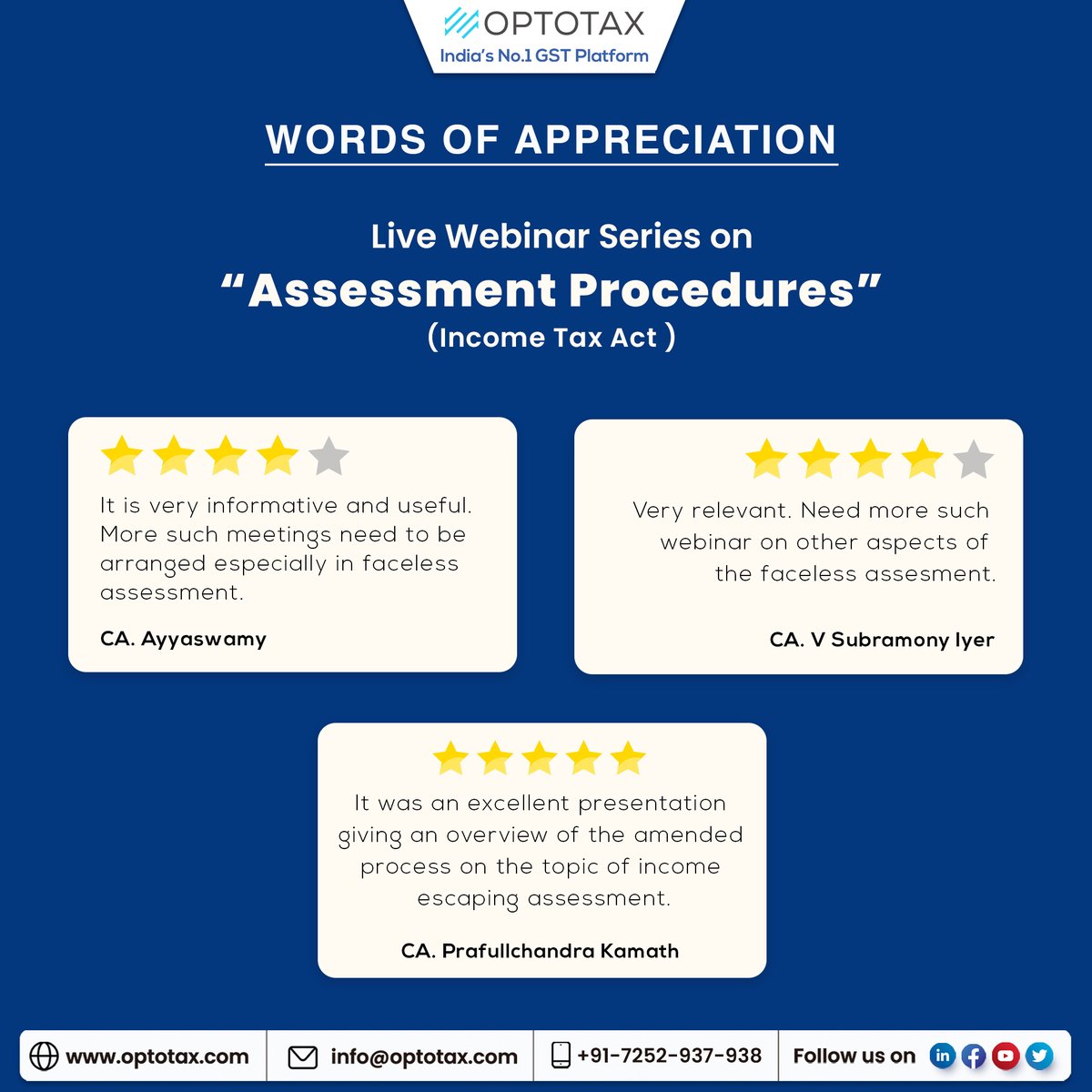 optotax_gst's tweet photo. We have received Wonderful Feedback for the Live Webinar Series on "Assessment Procedures" (Income Tax Act)

We wholeheartedly thank everyone who has joined the Live Webinar Series and made it a success.

#optotax #webinarseries #assessment #wordsofappreciation https://t.co/xLvrL7Y48h