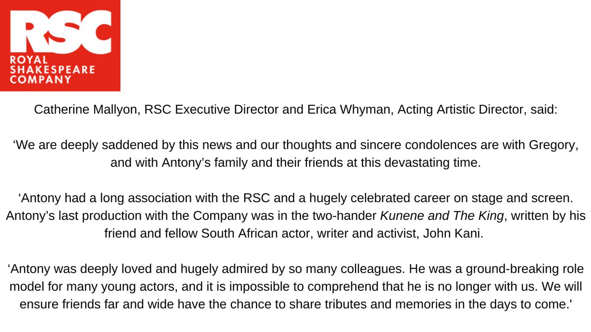 We are deeply saddened to announce the death of Sir Antony Sher, Honorary Associate Artist and husband of Artistic Director, Gregory Doran. Read our full statement and further tributes on our website: rsc.org.uk/news/death-of-…
